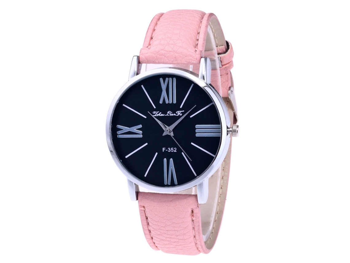 Relógio de pulso feminino rosa analógico de quartzo com mostrador redondo e pulseira de liga metálica.