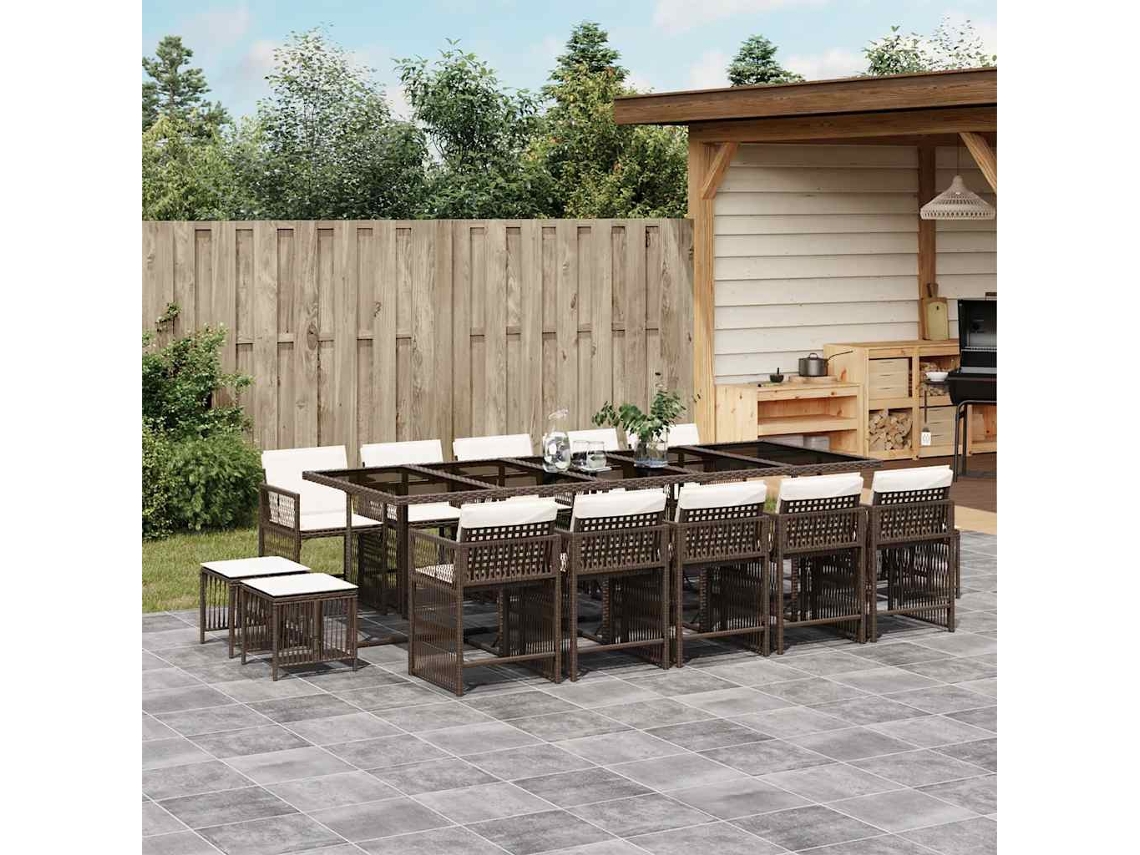 Vidaxl 15 Pcs Conjunto Jantar P/ Jardim C/ Almofadões Vime Pe Castanho