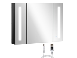 Armário de banheiro com espelho de parede em MDF, com 3 armários, 3 prateleiras e luz LED, 90x15x65cm, preto, E-TOWN COMMERCE GMBH