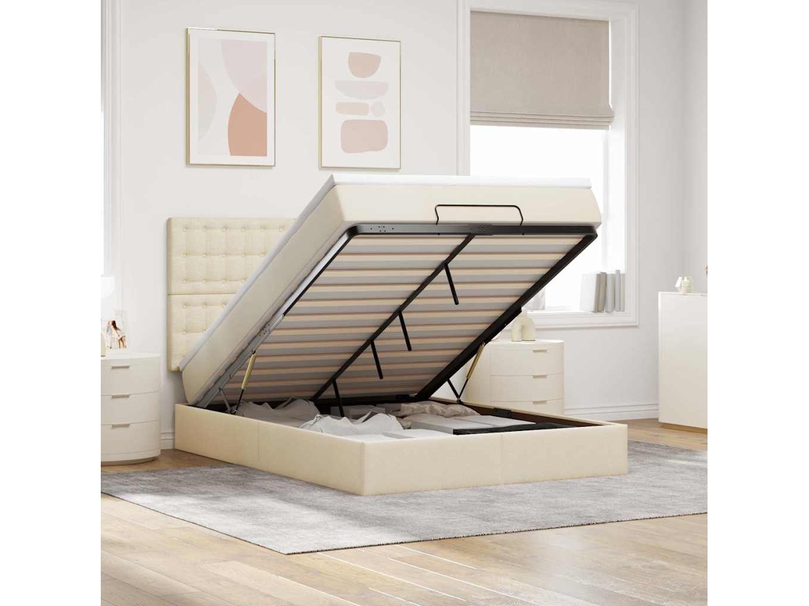 Vidaxl Estrutura De Cama Otomana Com Colchão Tecido Creme 140x200cm