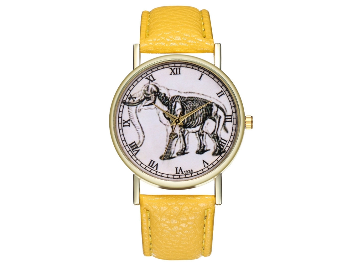 Relógio de quartzo amarelo com estampa de elefante para homens e mulheres.