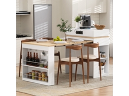 Ilha De Cozinha Com Rodízios, Mesa Extensível Com Tampo Rebatível, Mesa De Bar Com Tomadas E Ganchos