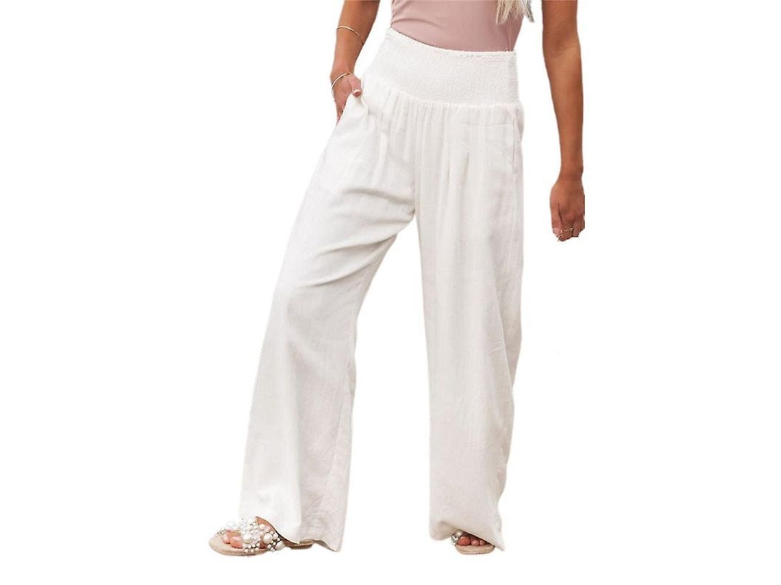 Calças Palazzo De Inverno Para Mulheres Com Visual De Linho, Cintura Alta, Leg Wide E Baggy Para Yoga Branco