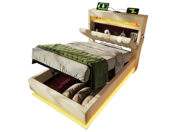 Cama Solteiro Estofada PAPRIKA 90x200cm com Cabeceira Led, Usb, armazenamento Hidráulico, em Linho Bege, com Colchão