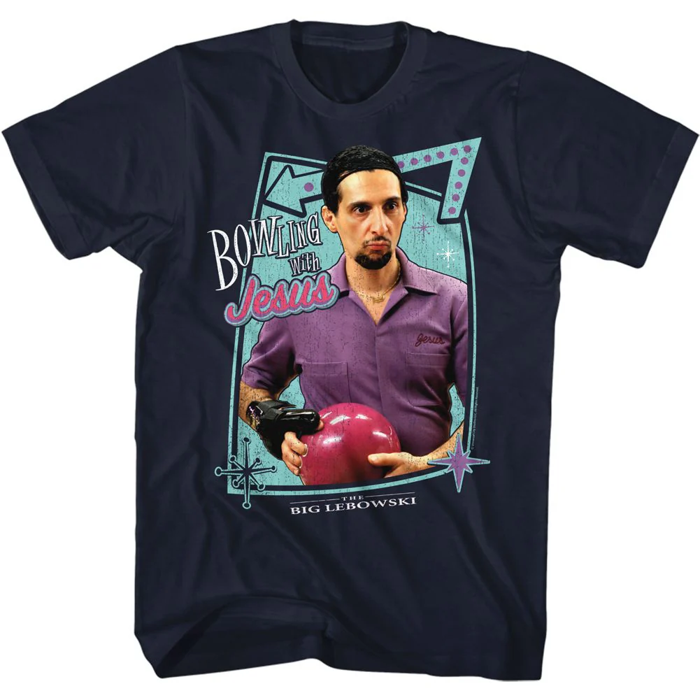 Unisex Adult T-shirt Rockinstone The Big Lebowski Bowling With Jesus Navy Sizexl