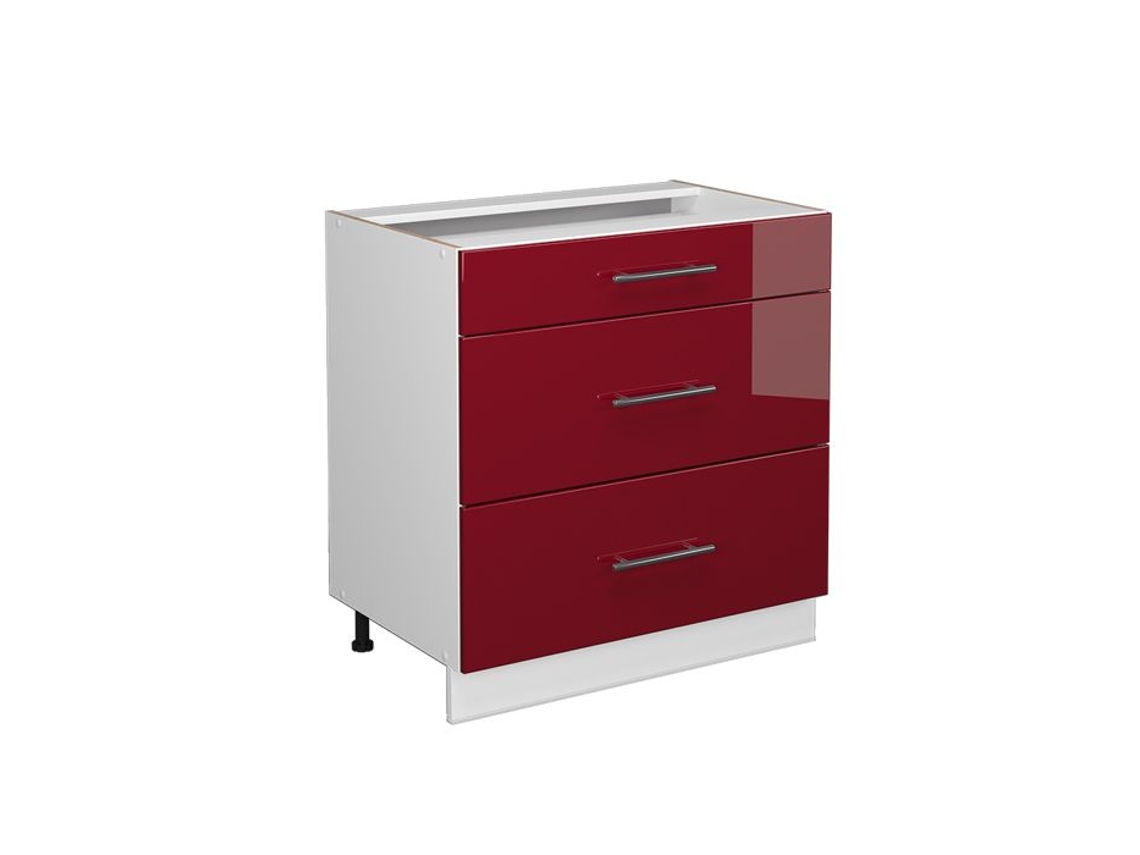 Móvel de cozinha Vicco Fame-Line, vermelho Borgonha alto brilho, 80 cm com 3 gavetas, mármore PA
