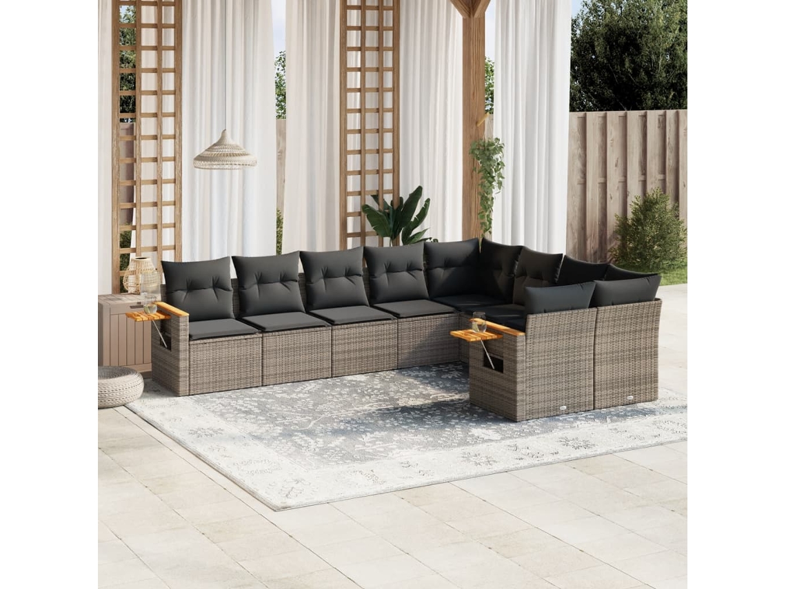 Vidaxl 9 Pcs Conjunto Sofás P/ Jardim com Almofadões Vime Pe Cinzento