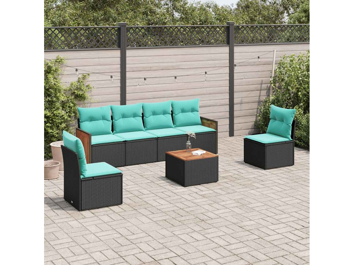 Vidaxl Conjunto De Sofá De Jardim Com 7 Peças E Almofadas Em Rattan Sintético Preto