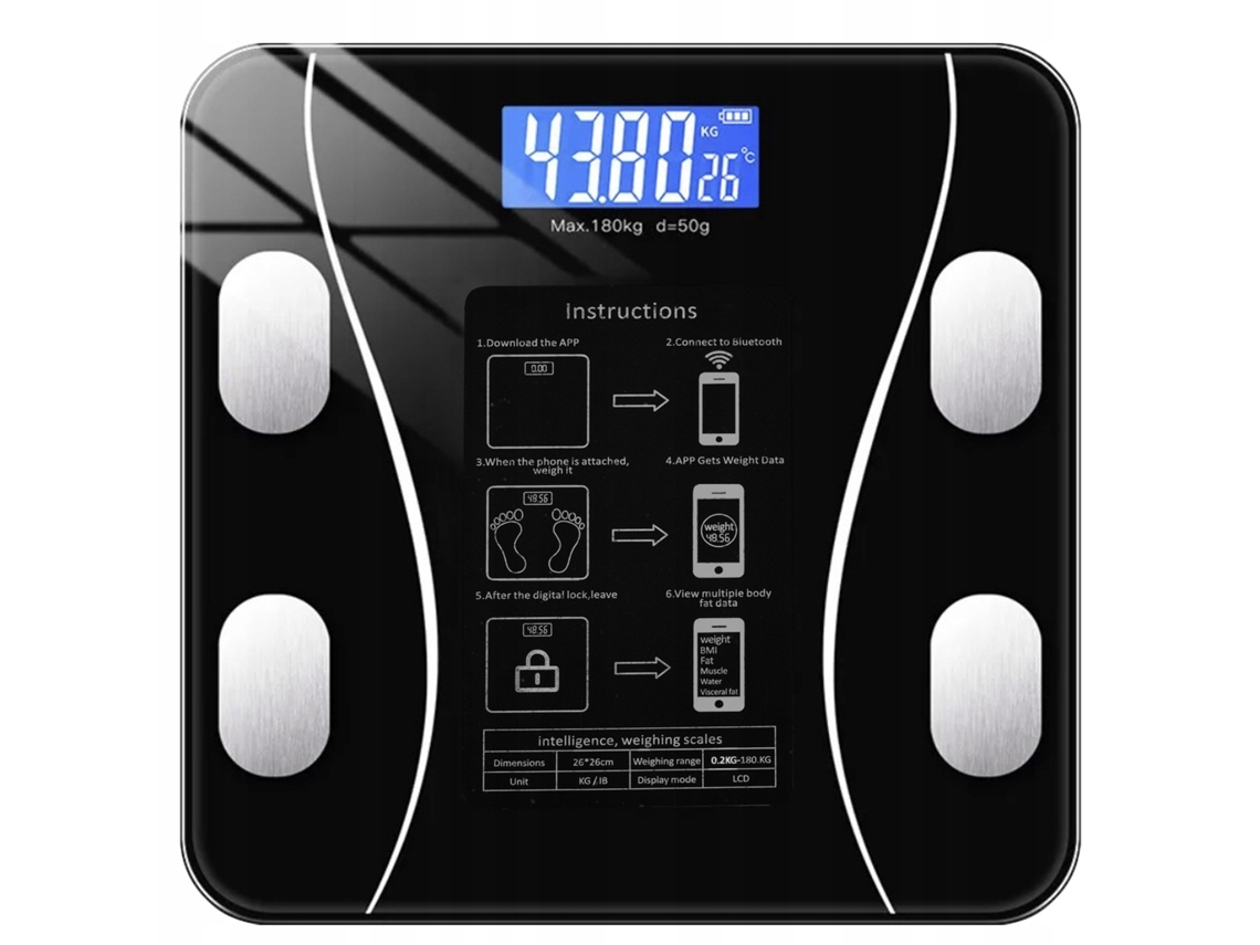 Balança De Banheiro Inteligente Com Bluetooth, Mede Até 180 Kg, Preta