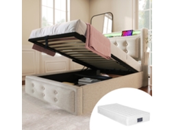 Cama Estofada 90x200cm, Bege Algodão, Led+usb C, Hidráulica, 150kg, Com Colchão-op