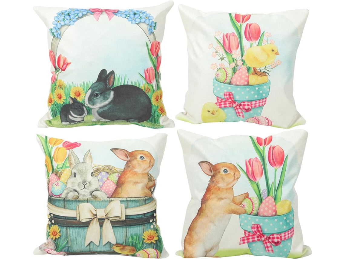 Conjunto de 4 Fronhas Linho com Estampa Coelhinho da Páscoa. Fáceis Limpar e Instalar, Ideais CHABERLU