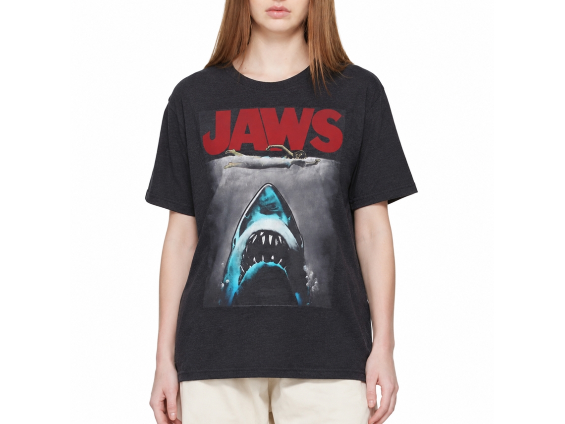 Rockinstone Jaws Movie Red Logo Heather Navy Adult T-shirt Size:s