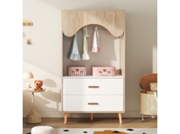 Guarda-roupa Infantil Com Cabideiro, Gavetas, Armário Aberto, Puxadores De Madeira Maciça, Em Aglomerado, Branco+madeira Natural, 80x46x141,5cm
