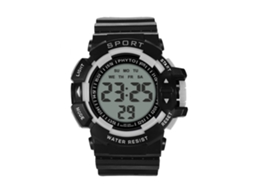 Relógio esportivo eletrônico masculino com cristal digital e pulseira branca moderna.