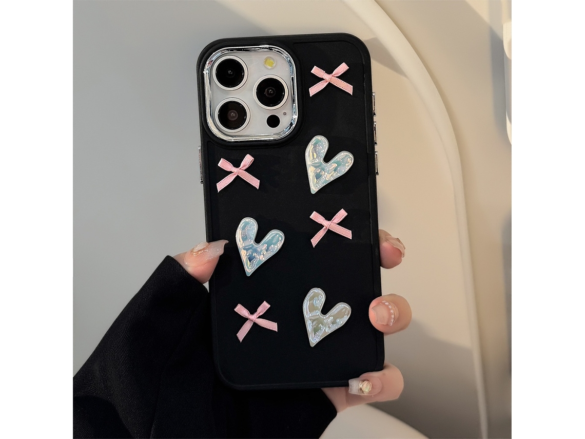 Capa Para Iphone 17 Air Preta E Rosa Com Nó, Coração Branco, Laço Delicado, Design Tridimensional E Suave.