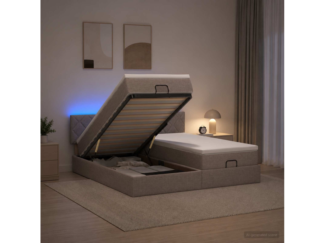 Vidaxl Cama Ottoman Com Colchão E Led Cinzento-acastanhado Tecido