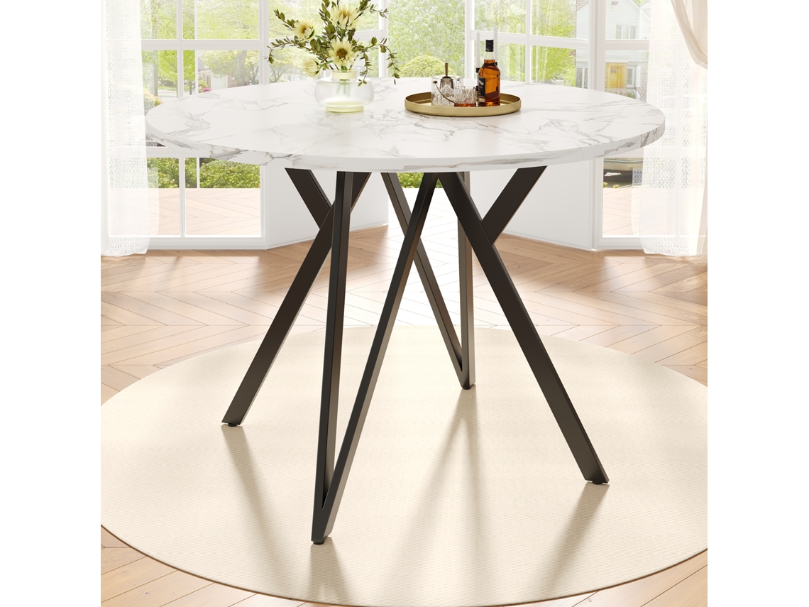 Mesa De Jantar Redonda 100x100x76cm, Metal, Mdf Mármore Preto, Para 4 Pessoas-mh