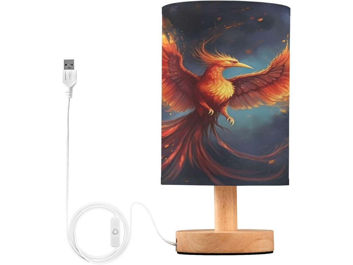 Luminária De Cabeceira Led Fire Bird Para Quarto, Luminária De Leitura Com Cúpula Tecido, Base De Madeira E Porta Usb