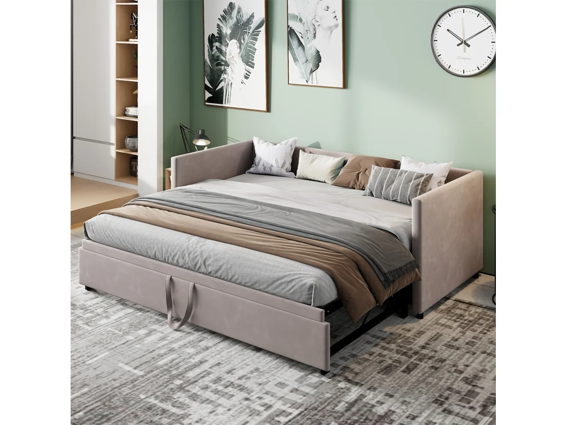 Sofá Cama Extensível 90/180x200 Cm Com Estrado De Ripas, Cama Multifunções, Tecido De Veludo, Cinza Rosahqnda