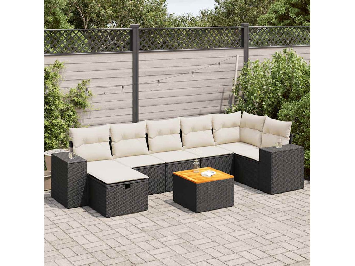 Vidaxl 8 Pcs Conjunto Sofás De Jardim Com Almofadões Vime Pe Preto