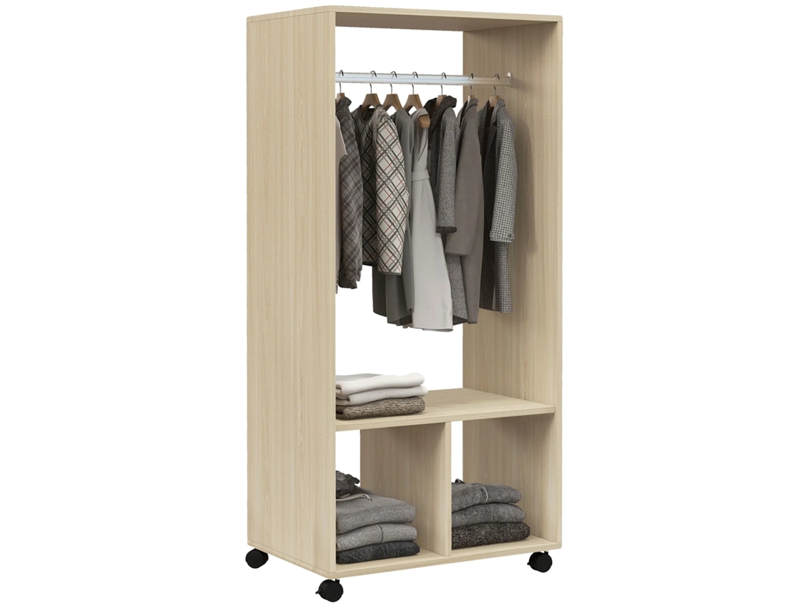 Guarda-roupa, Madeira Engenharia, 60 X 40 X 128 Cm, Suporta Roupas Leves, 4 Rodas Giratórias, 2 Rodas Com Freios