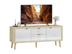 Móvel de TV Moderno LAMAISON com 2 Gavetas para TV 55 polegadas 120x35x50cm Branco Brilhante e Carvalho