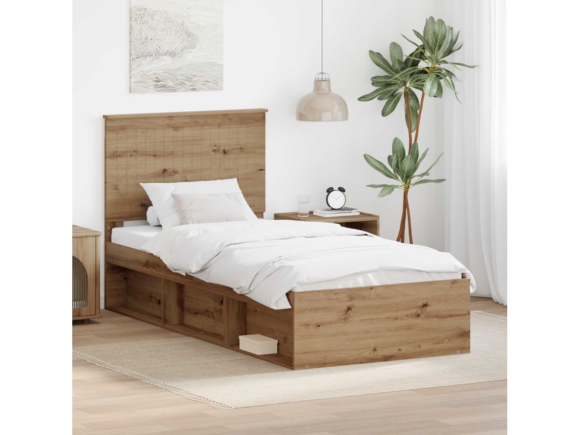 Vidaxl Estrutura Da Cama Com Cabeceira Carvalho Artesanal 90 X 190 Cm