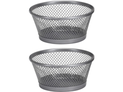 Suporte de metal com clipes e tachininhas com design aberto na parte superior e base antiderrapante para organização da mesa.