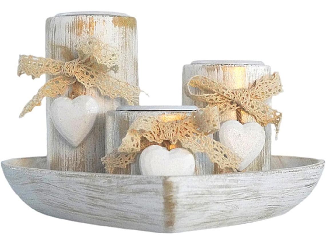 Bandeja Artesanal De Madeira Em Formato De Coração Com 3 Suportes Para Velas Pequenas, Para Casas De Campo