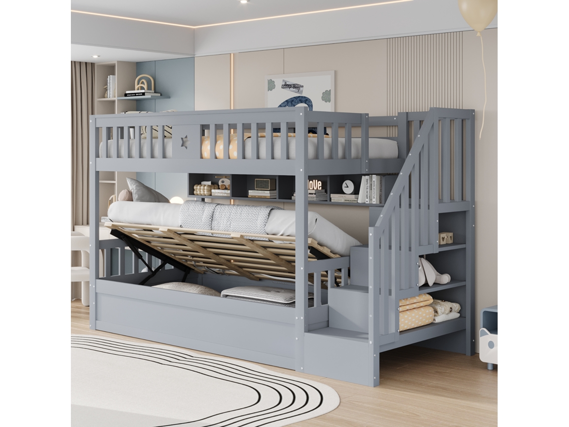 Cama De Madeira 90x200cm, Cama Subterrânea Hidráulica, Escadas De Arrumação, Prateleiras, Cama Loft, Beliche Cama, Cama Jovem, Cinzento