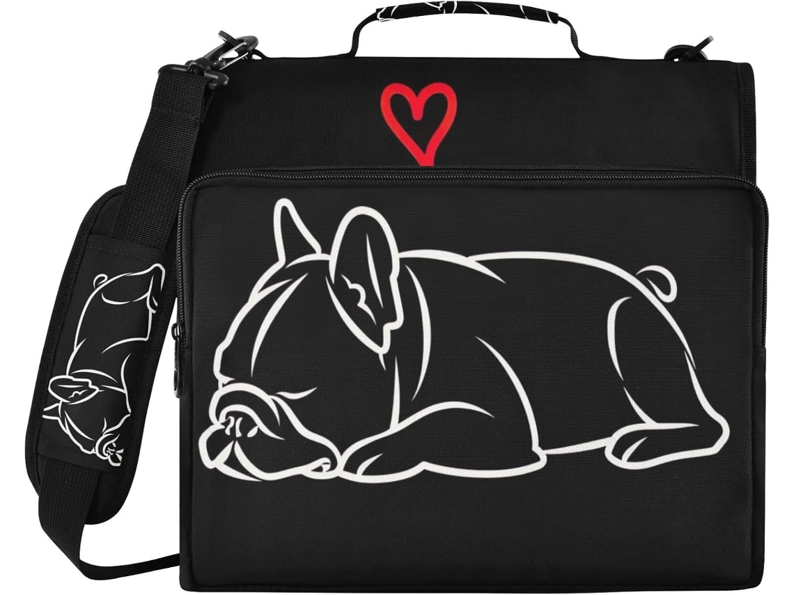 Pasta Organizadora Fofa Com Estampa De Pug Preto, Com Zíper, Tecido Resistente À Água E Compartimento Fichário De 3 Argolas
