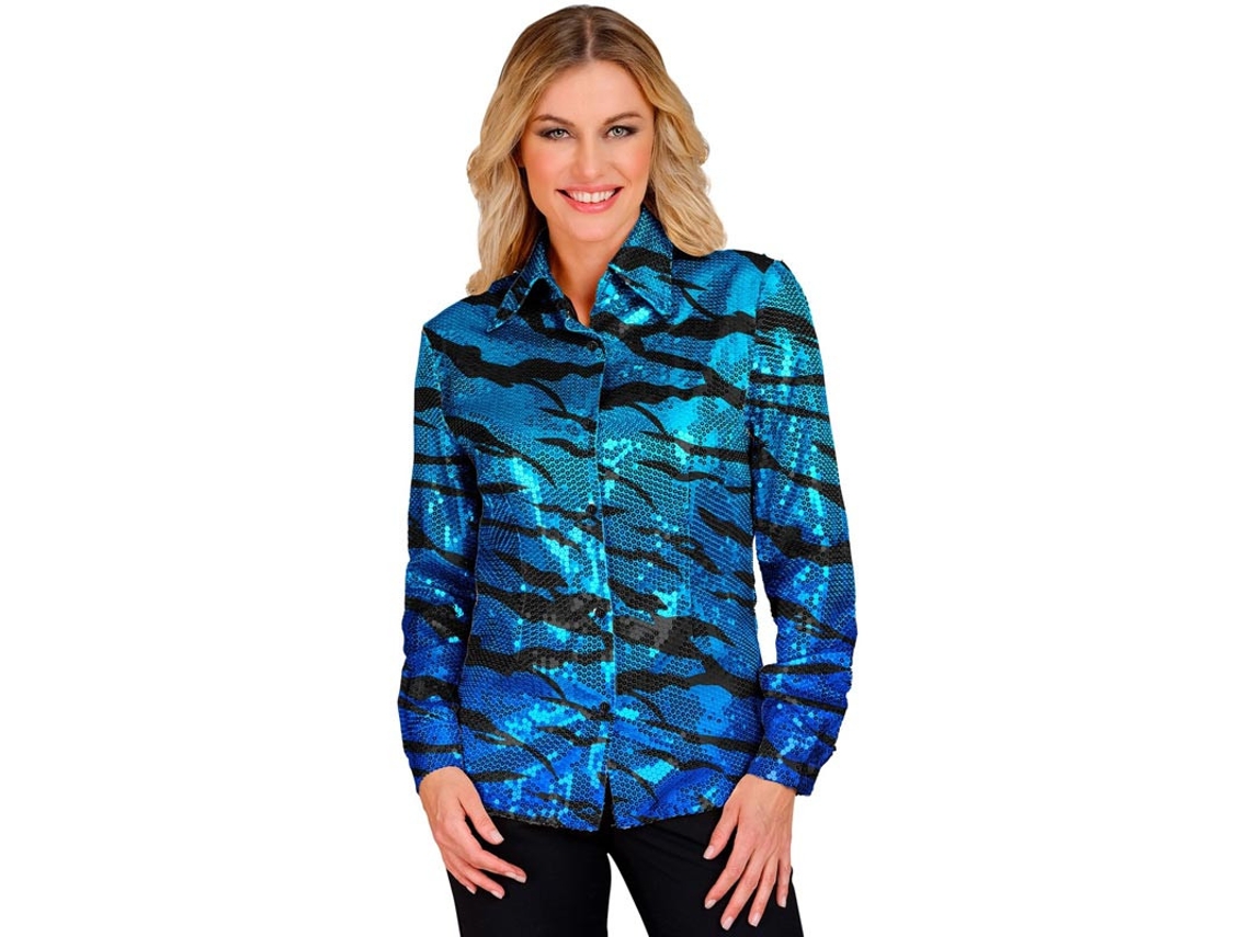 Traje fashion estampado azul ou camisa com lantejoulas para mulher