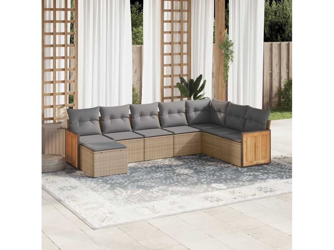 Vidaxl 8 Pcs Conjunto De Sofás P/ Jardim Com Almofadões Vime Pe Bege
