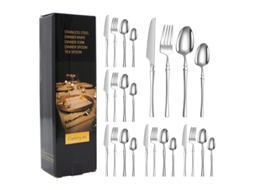 Conjunto De Talheres Em Aço Inoxidável Com Revestimento De Titânio (24 Peças - Prata) - Inclui Facas, Garfos E Colheres.