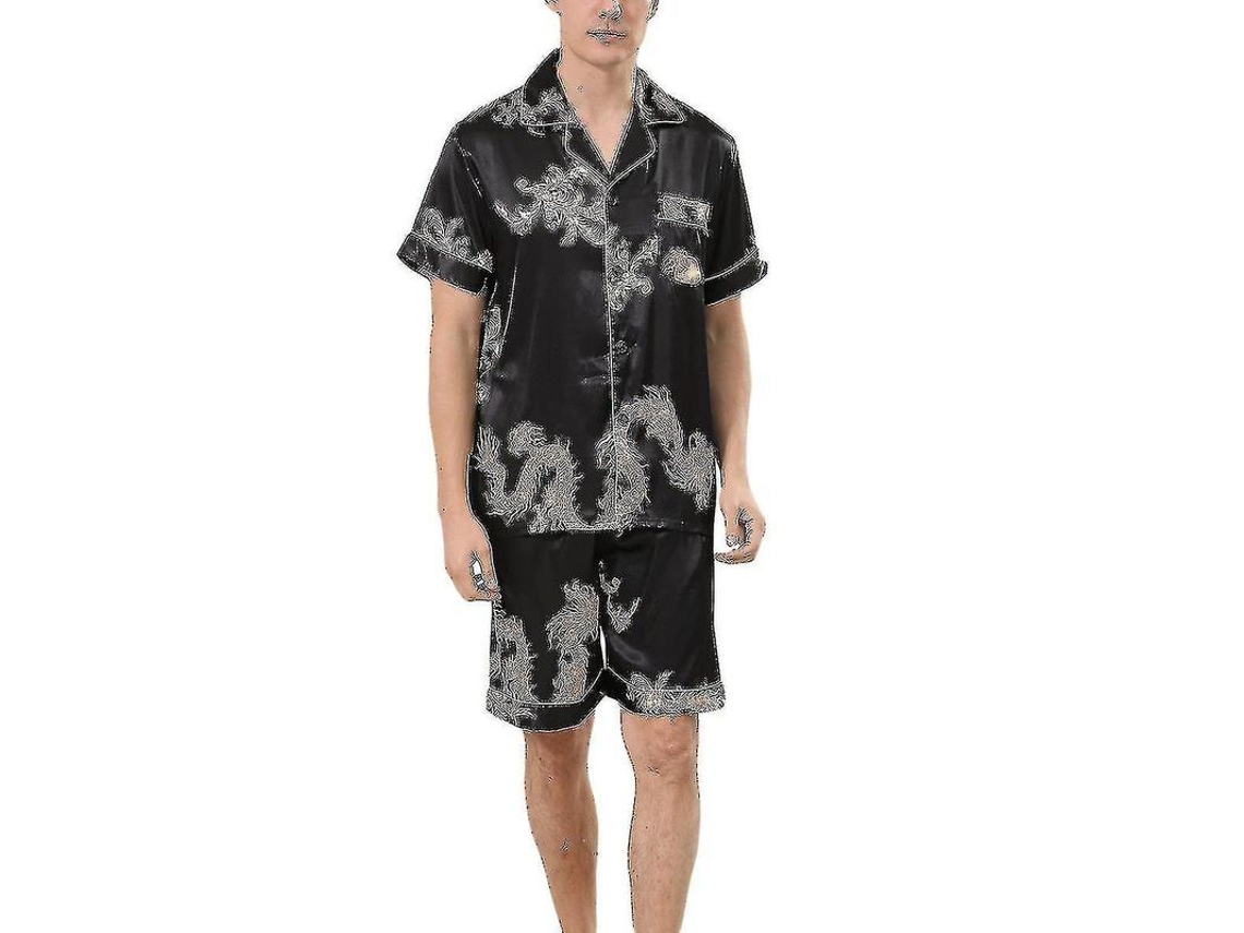 _conjunto de Pijamas de Seda Satinada Masculino Manga Curta e Calcinha Roupa de Dormir Clássica