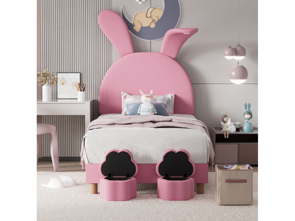 Cama Estofada 90x200cm, 2 Bancos Armazenamento, Led Cabeceira, Orelhas Coelho, Sem Colchão, Juvenil, Ripas, Veludo Francês Rosa-op
