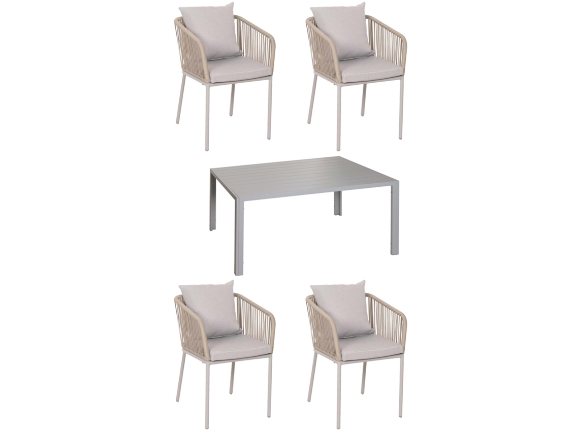 Lounge de Jardim Com Mesa 140x80 Cm + 4 Espreguiçadeiras Estrutura E Platô Em Alumínio E Corde Tressée Coussins Cinza Inclus 04_0010082