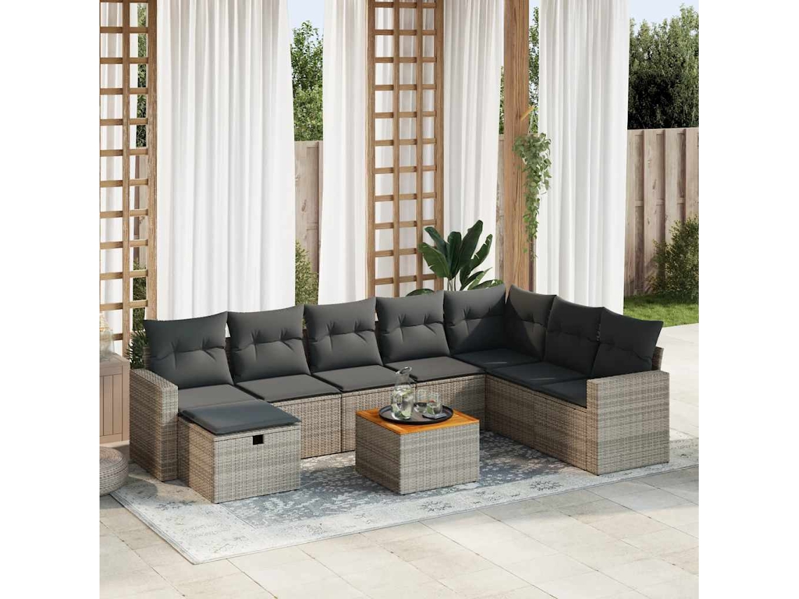Vidaxl 9 Pcs Conjunto Sofás P/ Jardim Com Almofadões Vime Pe Cinzento