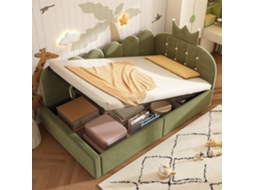 Cama Baú Dia 90x190 Cm, Sofá-cama Com Baú Hidráulico, Cama Hóspede L Em Veludo Verde Com Design Coroa, Sem Colchão.