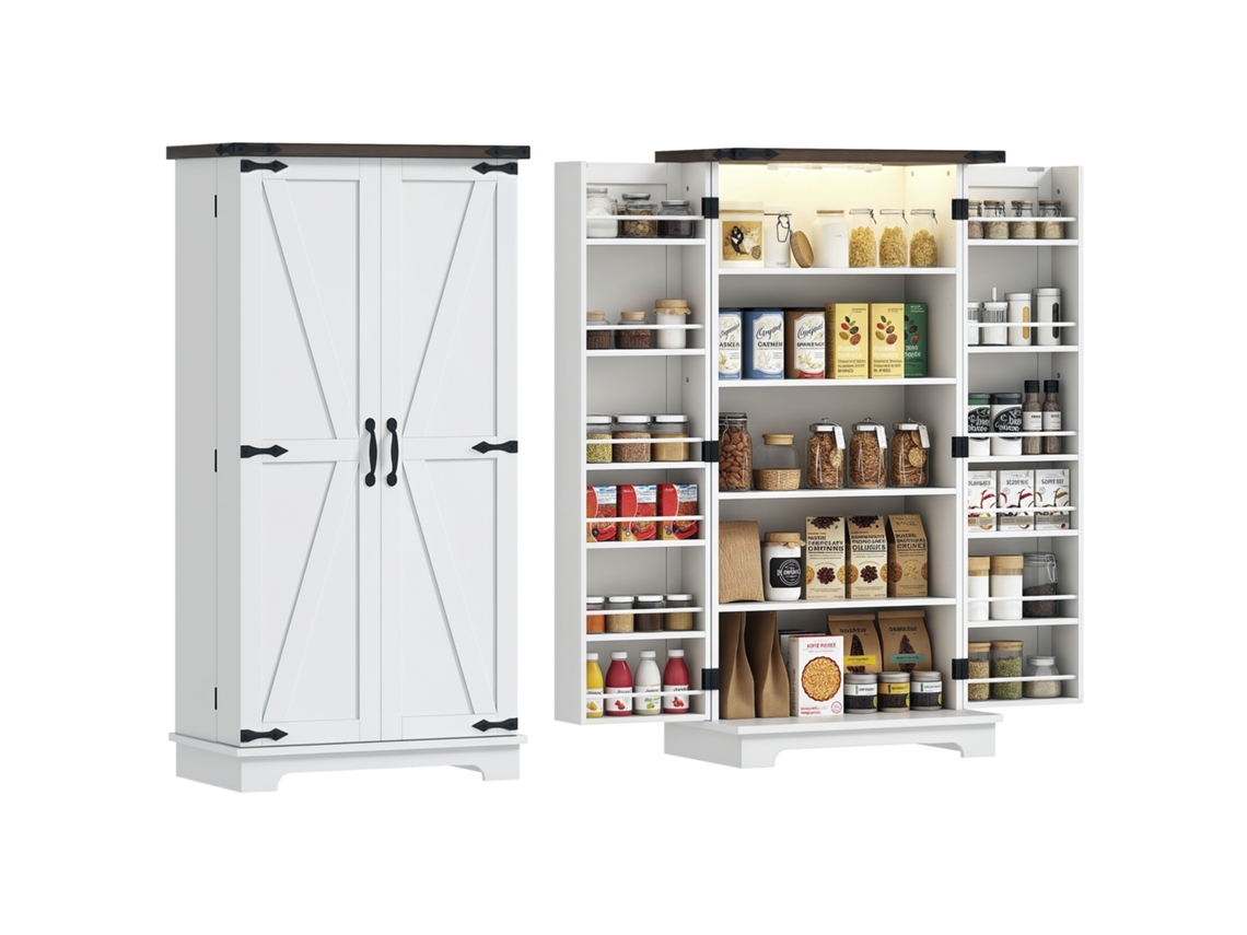Armário de Cozinha com 12 prateleiras, portas e luz LED, 60x40x120 Cm, branco