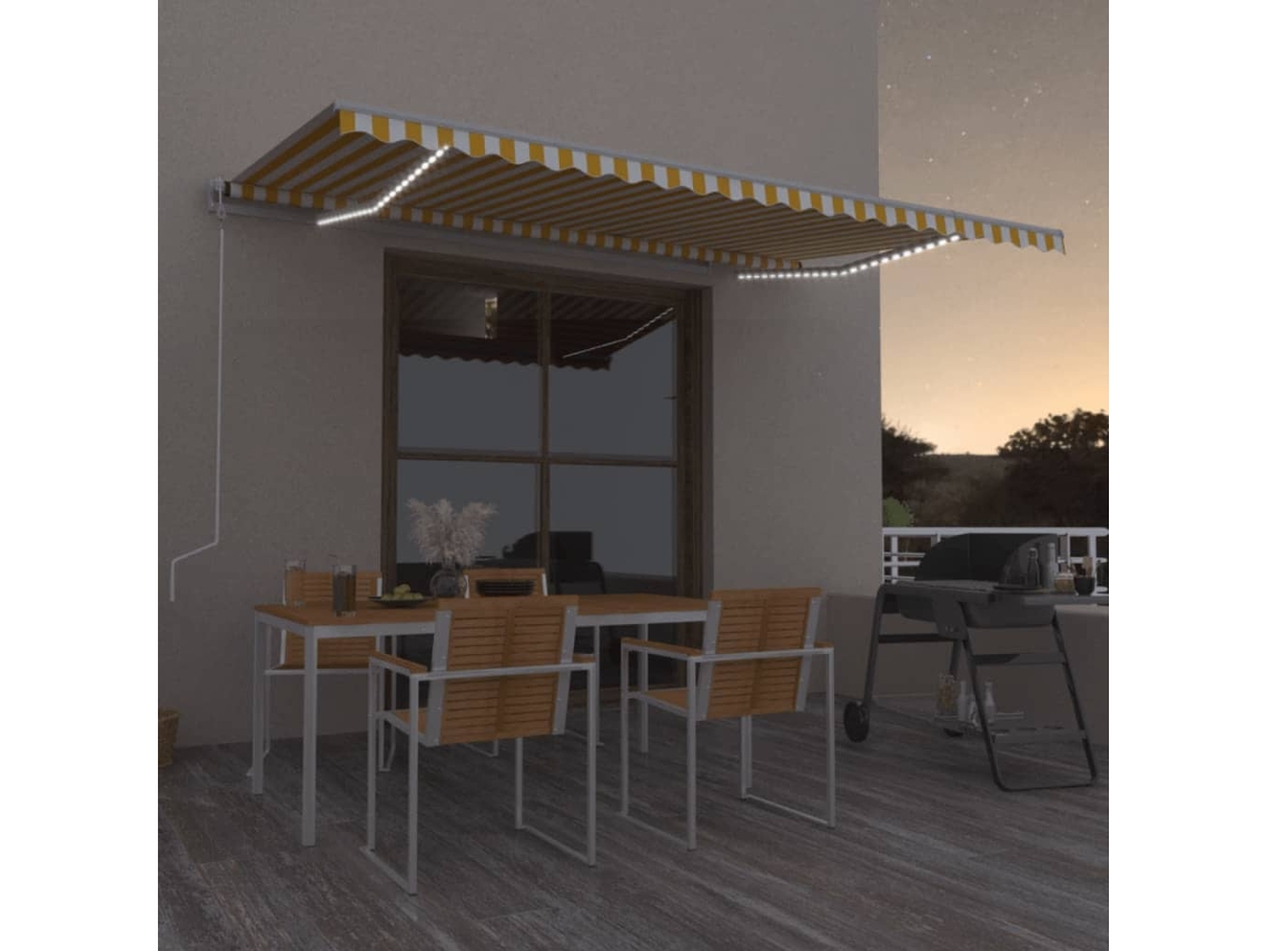 Vidaxl Toldo Retrátil Manual Com Led 500x350 Cm Amarelo E Branco