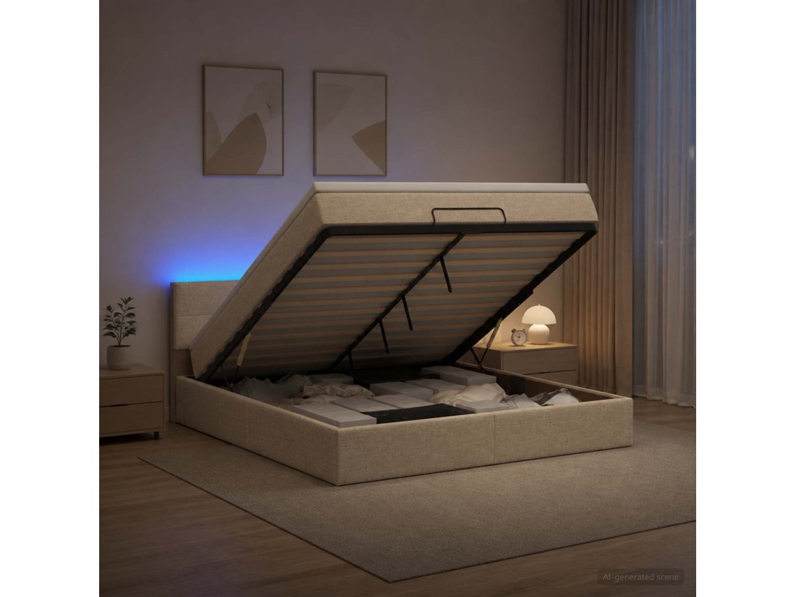 Vidaxl Cama Ottoman Com Colchão E Led Creme 140 X 200 Cm Tecido