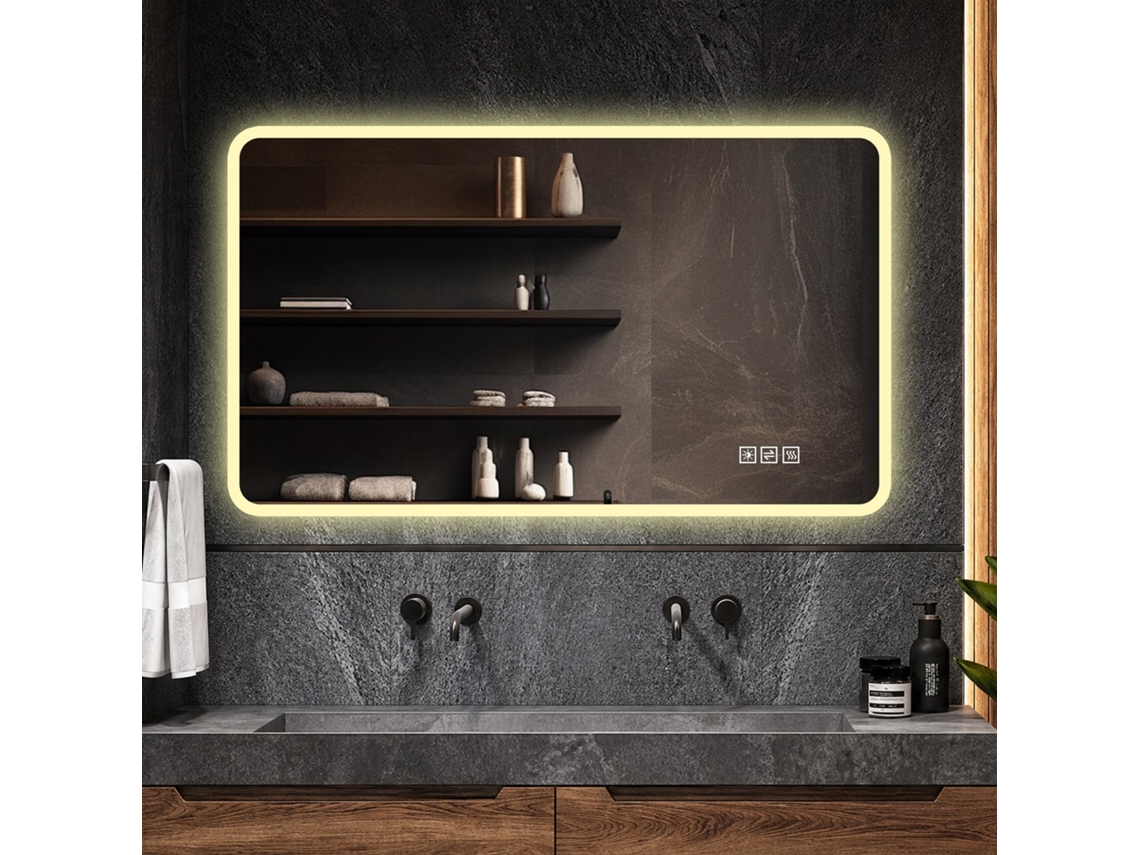 Espelho LED casa banho 60x120 cm - borda vidro fosco, luz frontal, antiembaçante, 3 cores, intensidade regulável, memória, horiz/vert, IP44 - prateado