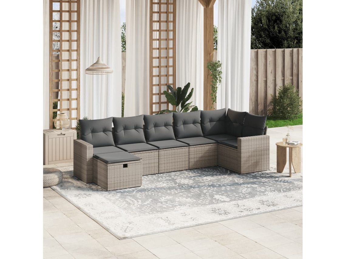 Vidaxl 7 Pcs Conjunto Sofás P/ Jardim C/ Almofadões Vime Pe Cinzento