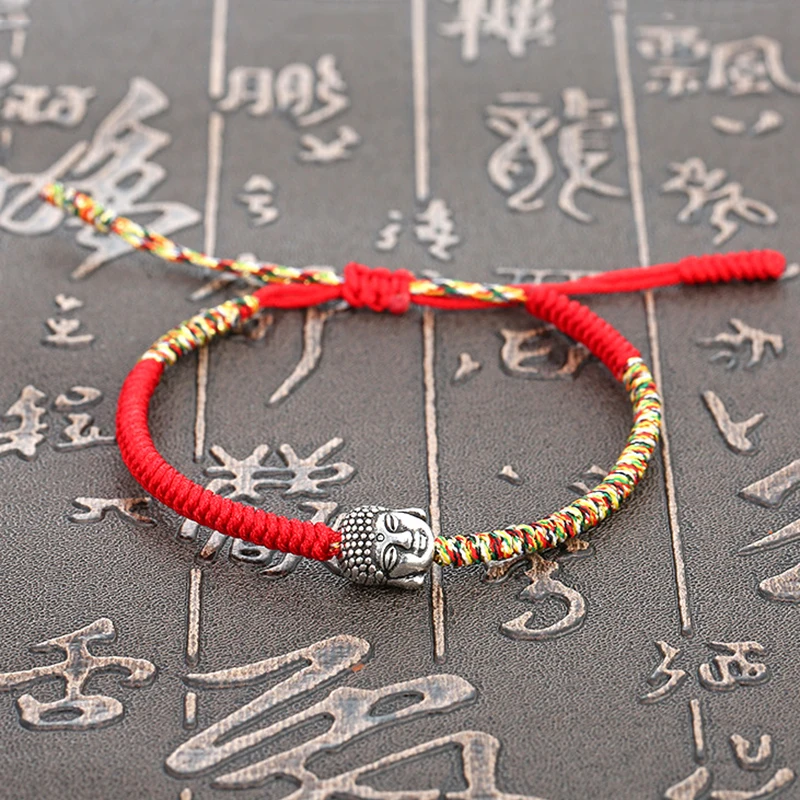 Pulseira de Oração com Amuleto da Cabeça de Buda Budista Tibetano, Pulseira da Sorte Tecida À Mão. MDUG