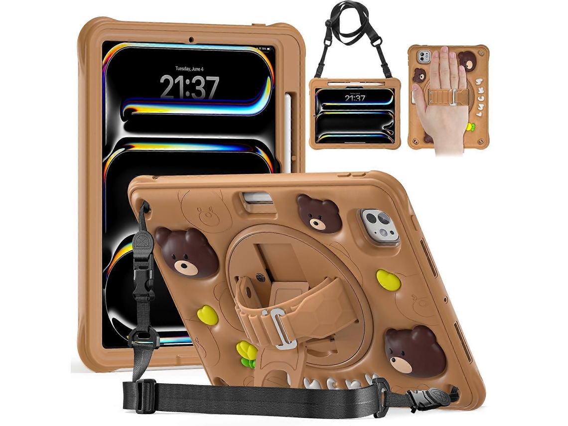 Capa Híbrida De Silicone E Pc Para Ipad Pro 11 2024 Com Suporte Giratório E Design De Urso.