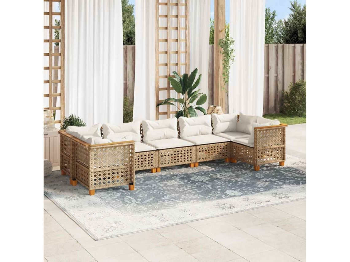 Vidaxl 7 Pcs Conjunto De Sofás P/ Jardim Com Almofadões Vime Pe Bege