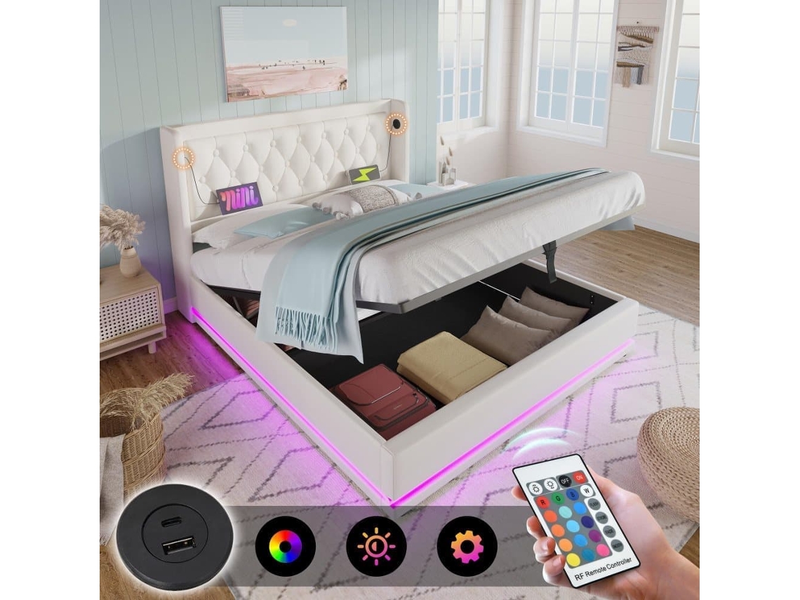 Cama Contentora Estofada De 140 X 200 Cm Em Tecido De Algodão - Com Função De Carga E Led Ao Pé Da Cama - Bege