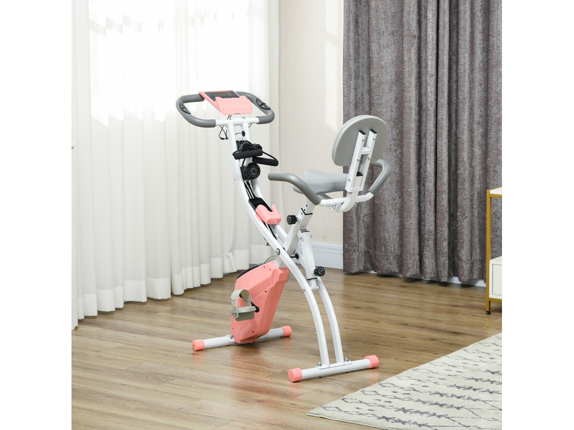 Bicicleta Estática Dobrável com Altura e Resistência Ajustáveis Tela Lcd e Assento Encosto 51x97x115 Cm Rosa