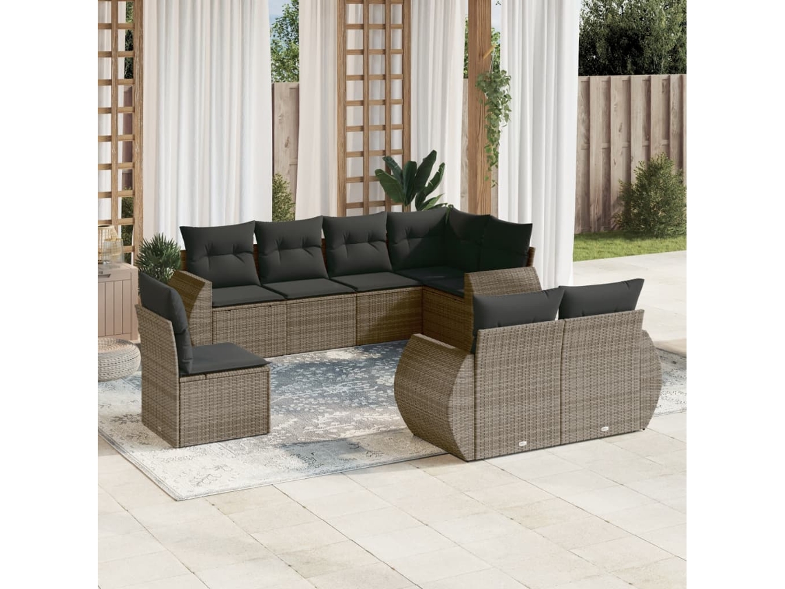 Vidaxl 8 Pcs Conjunto Sofás De Jardim C/ Almofadões Vime Pe Cinzento